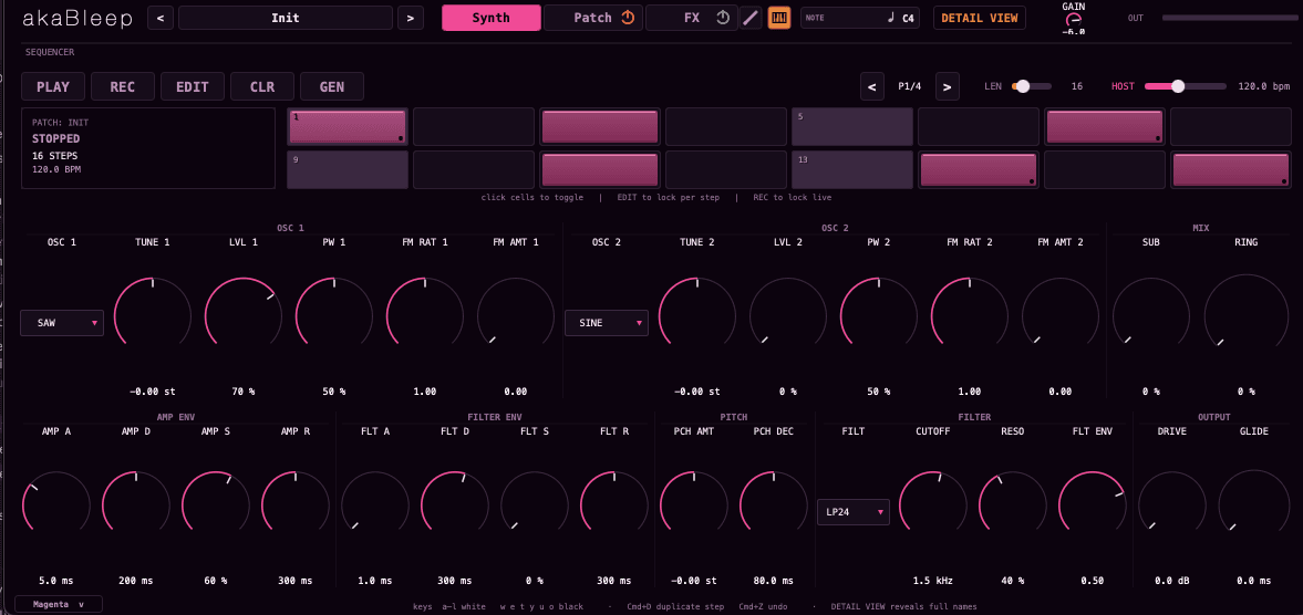 The synth page: oscillators, envelopes, ladder filter