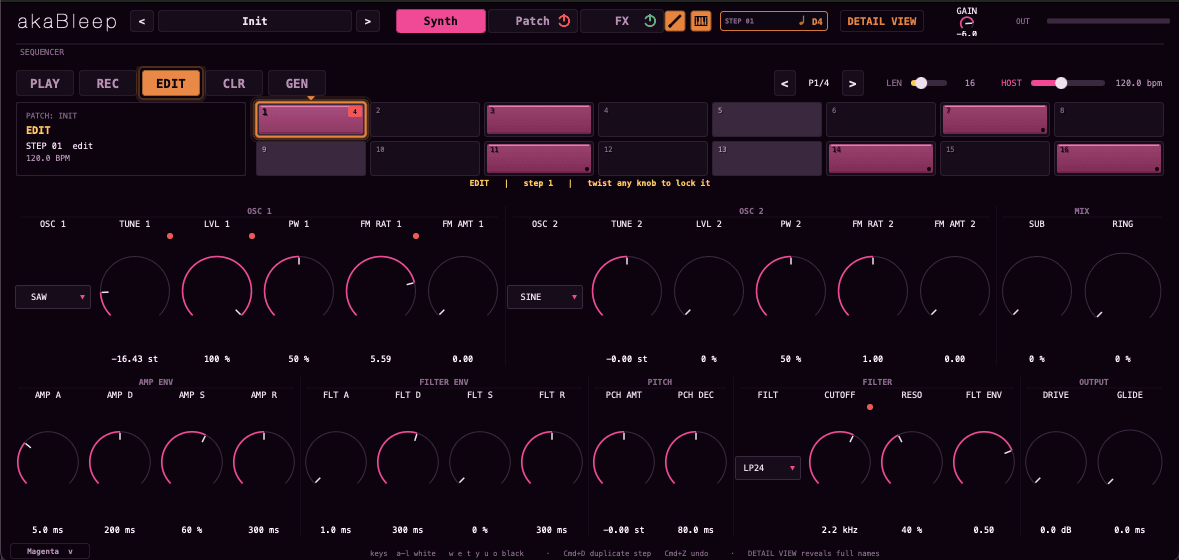 EDIT mode, with parameter locks marked above the knobs they hold